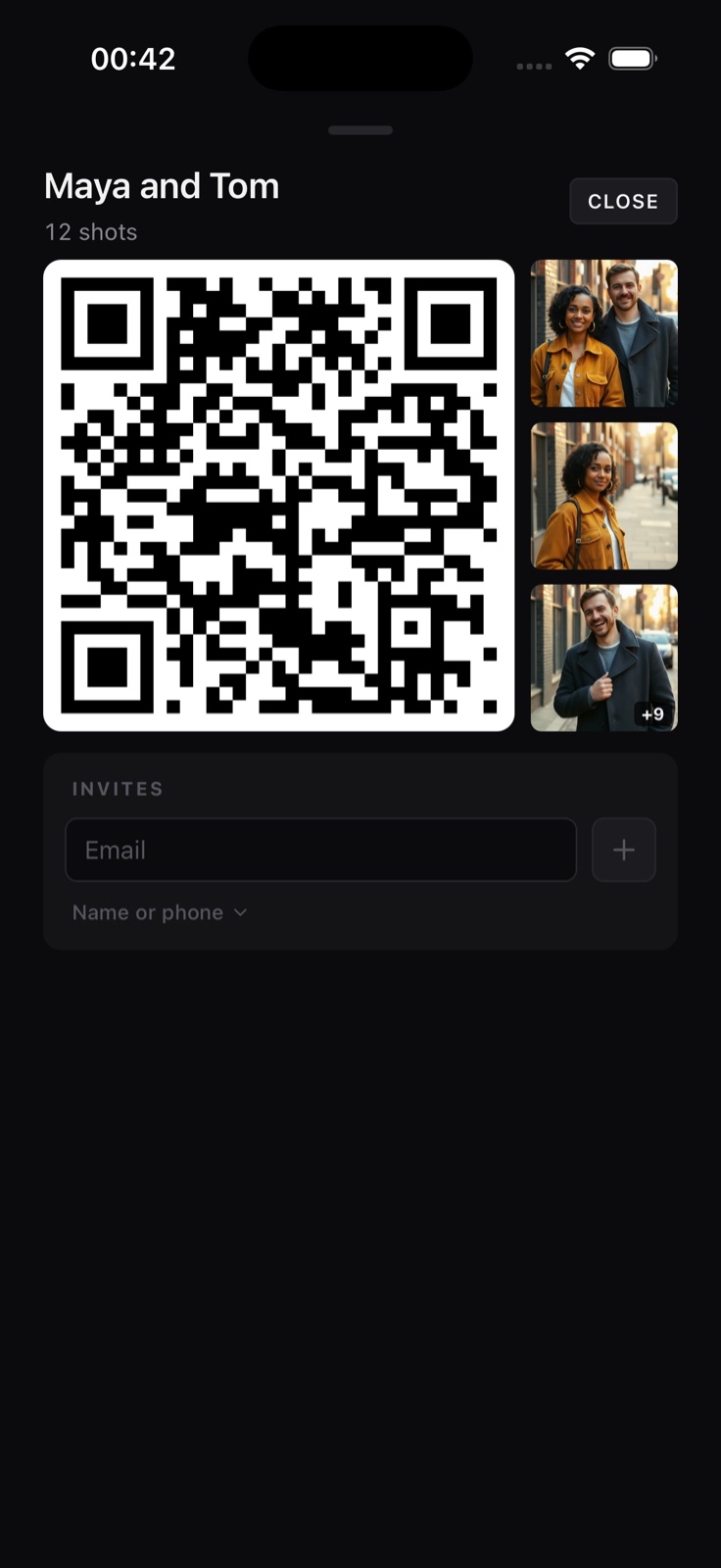 The QR screen in StreetKit: the group name Maya and Tom, a large QR code beside three of the shots.