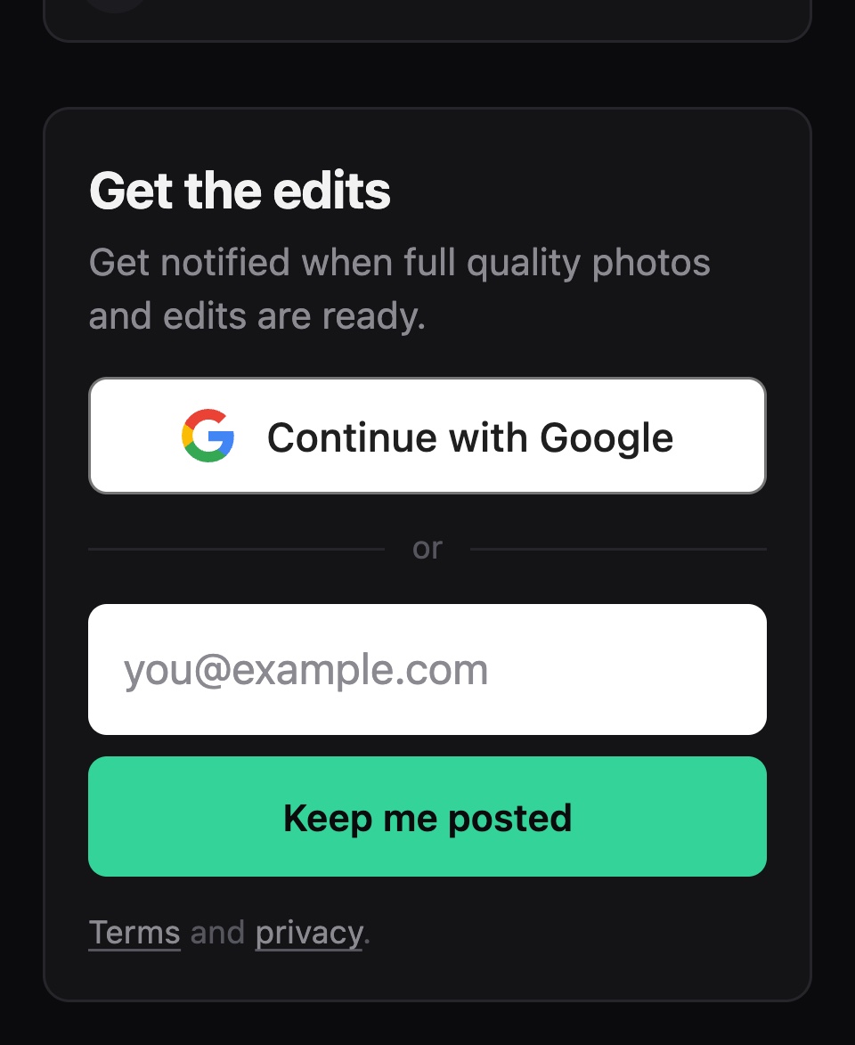 The Get the edits card on the page a person opens after scanning: Continue with Google, an email box and a Keep me posted button, under the end of their photo grid.